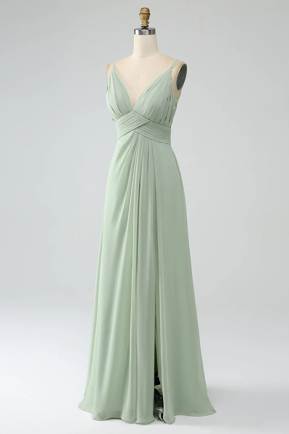 Dusty Sage A-Line Spaghetti Straps Pleated Chiffon Long Bridesmaid Dress sold by Zapaka product image thumbnail 3