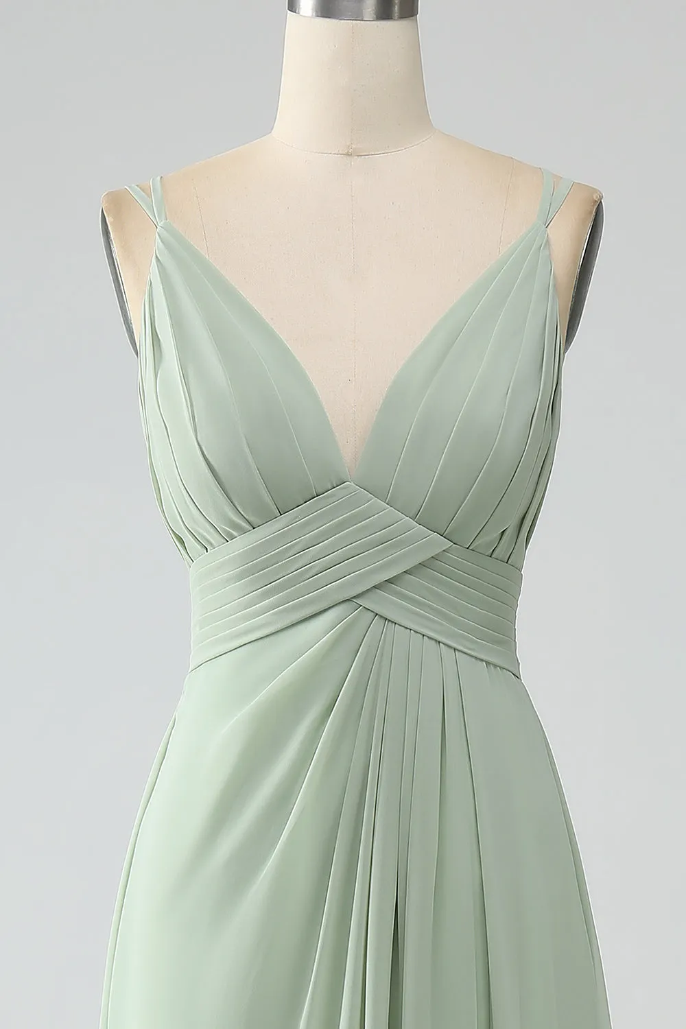 Dusty Sage A-Line Spaghetti Straps Pleated Chiffon Long Bridesmaid Dress sold by Zapaka product image thumbnail 4