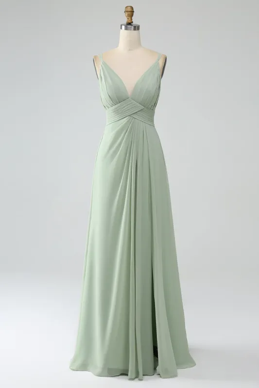 Dusty Sage A-Line Spaghetti Straps Pleated Chiffon Long Bridesmaid Dress sold by Zapaka
