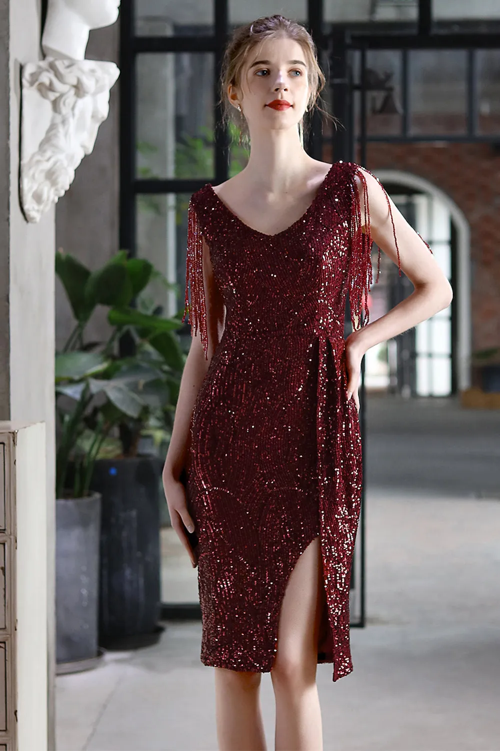 Burgundy Bodycon Sequin Cocktail Party Dress with Fringe sold by Zapaka