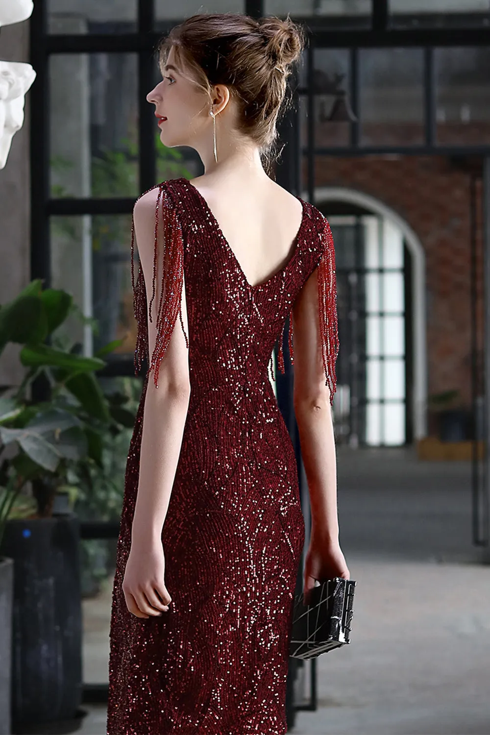Burgundy Bodycon Sequin Cocktail Party Dress with Fringe sold by Zapaka product image thumbnail 2
