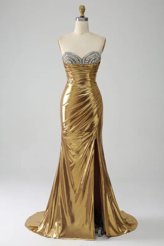 Golden Mermaid Strapless Long Metallic Prom Dress with Slit sold by Zapaka