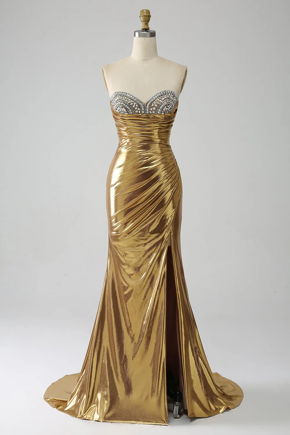 Golden Mermaid Strapless Long Metallic Prom Dress with Slit sold by Zapaka