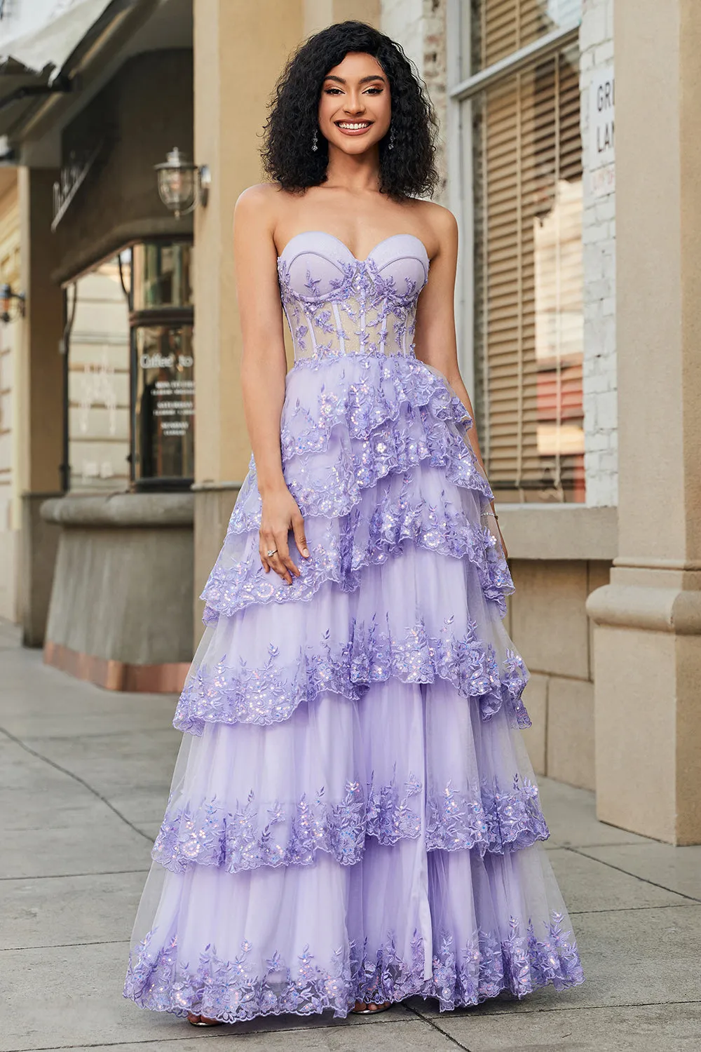 Princess A Line Sweetheart Lavender Corset Prom Dress with Tiered Lace sold by Zapaka