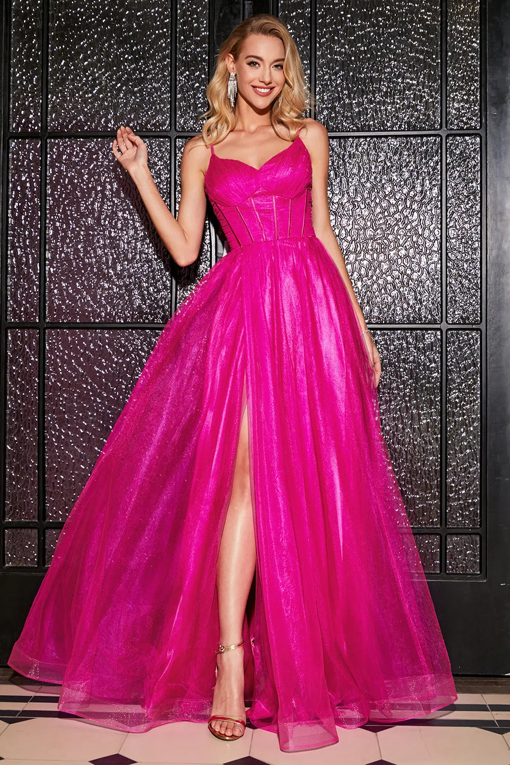 Hot Pink A-Line Spaghetti Straps Long Corset Prom Dress with Slit sold by Zapaka