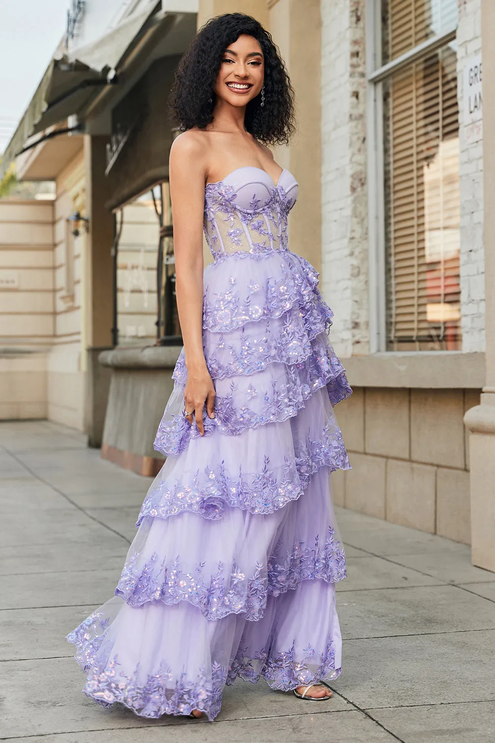 Princess A Line Sweetheart Lavender Corset Prom Dress with Tiered Lace sold by Zapaka product image thumbnail 5