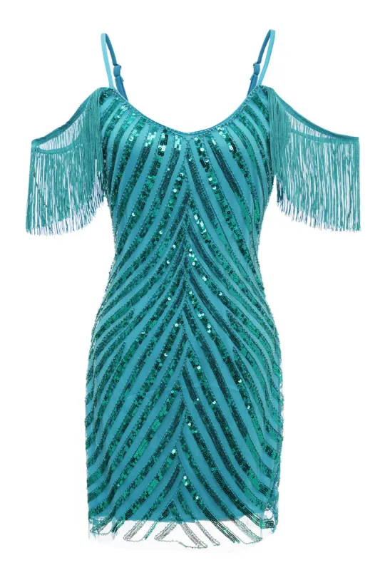 Sparkly Turquoise Tight Sequins Short Homecoming Dress with Fringes sold by Zapaka