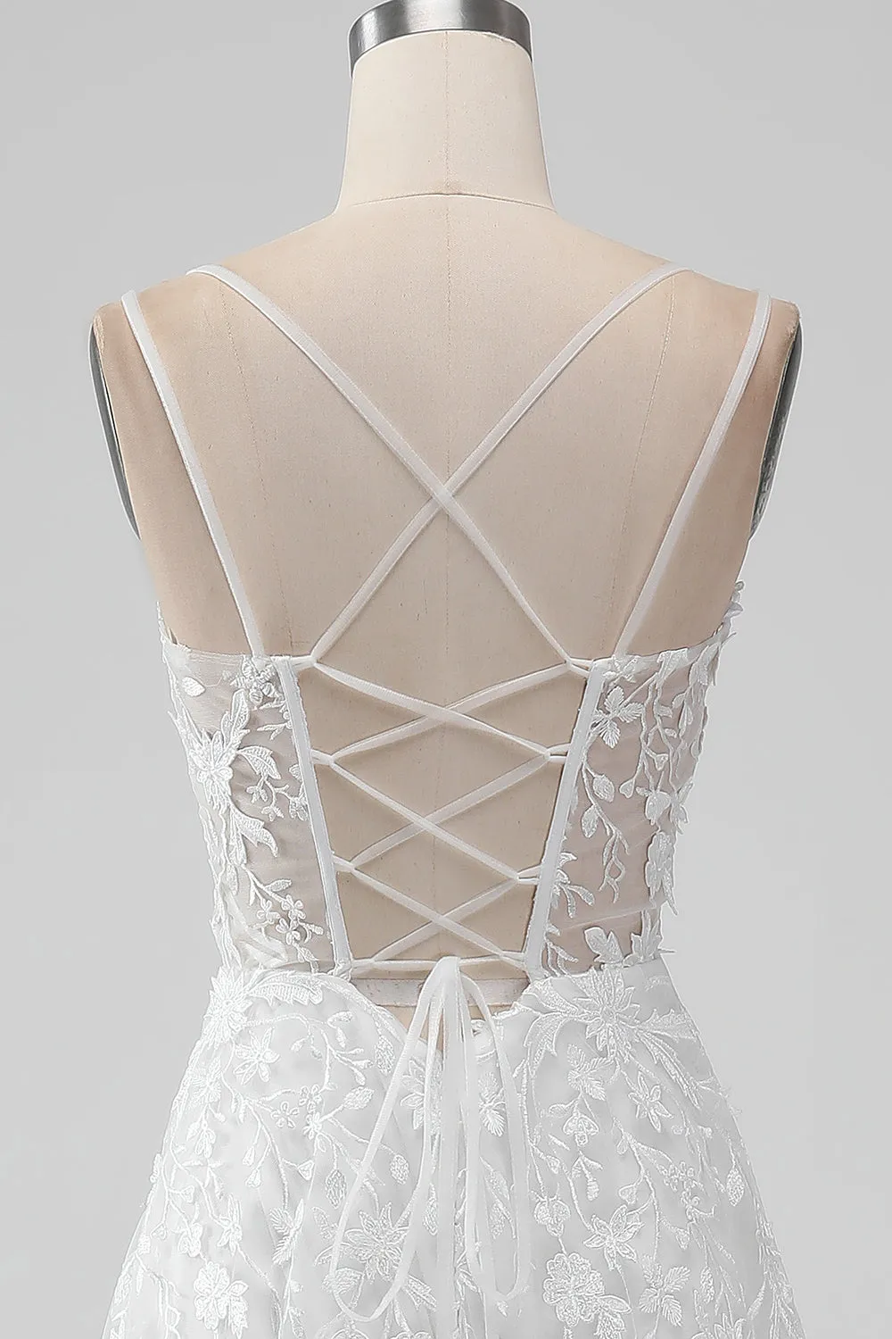 Ivory A Line Spaghetti Straps Applique Lace Corset Wedding Dress with Slit sold by Zapaka product image thumbnail 5