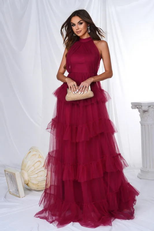Burgundy Halter Tiered Tulle A Line Long Prom Dress made by Zapaka
