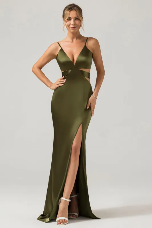 Olive Sheath Spaghetti Straps Cut Out Long Bridesmaid Dress with Slit sold by Zapaka