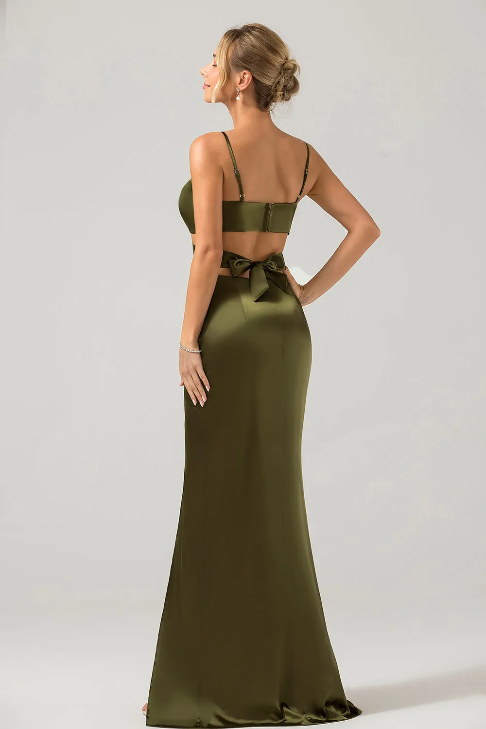 Olive Sheath Spaghetti Straps Cut Out Long Bridesmaid Dress with Slit sold by Zapaka product image thumbnail 2