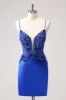 Sparkly Royal Blue Sequin Tight Short Homecoming Dress With Lace Up Back sold by Zapaka