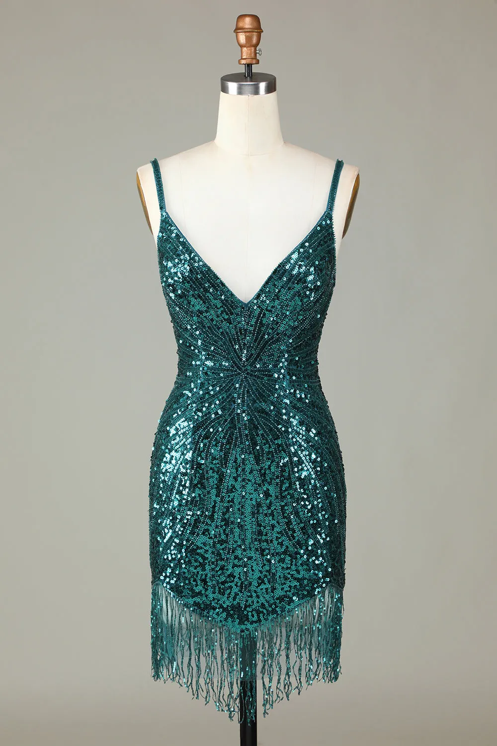 Sparkly Bodycon Spaghetti Straps Green Lace-Up Back Short Homecoming Dress with Beading sold by Zapaka