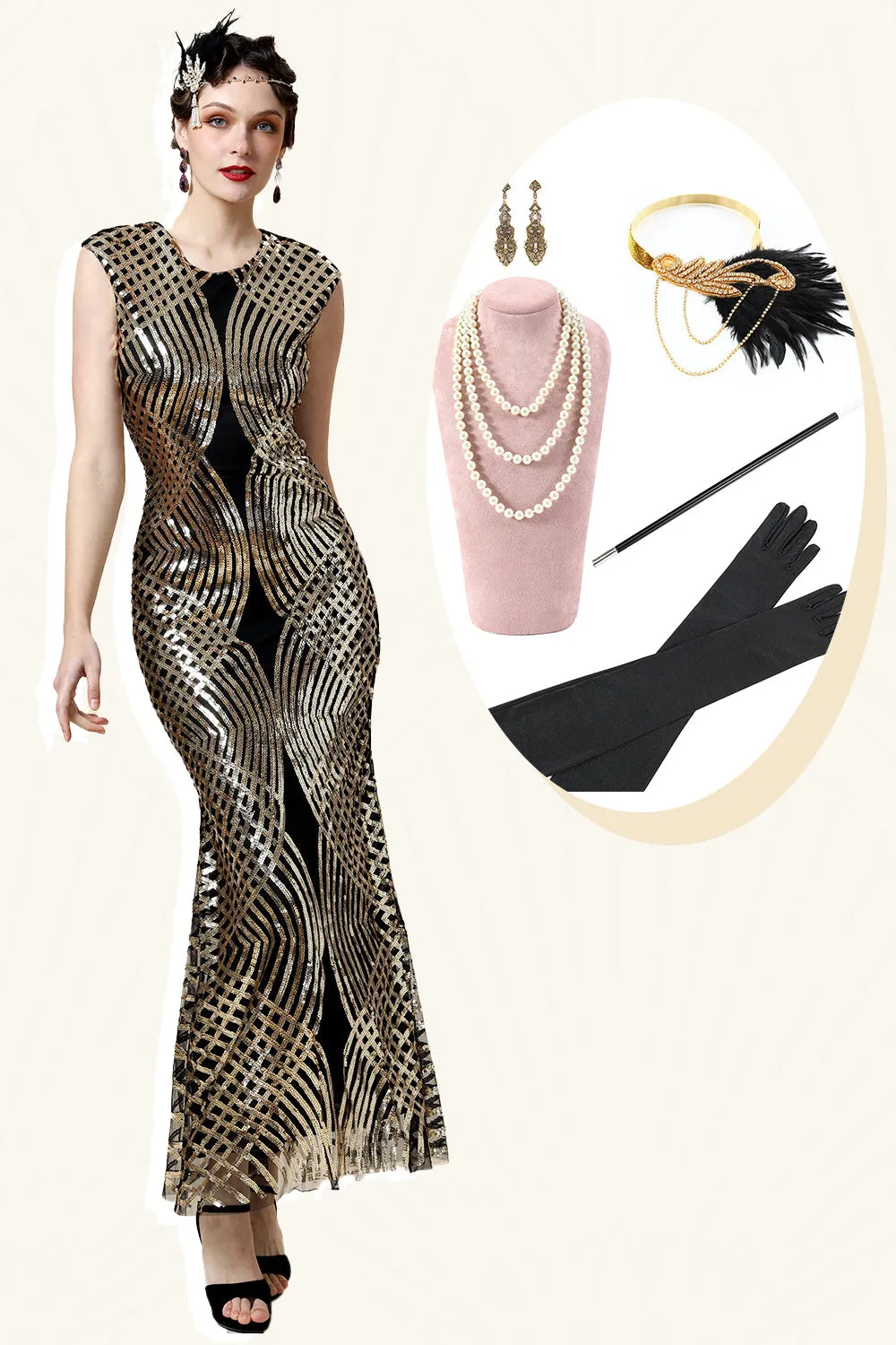 Golden Sequins Glitter Long Flapper Dress with 20s Accessories Set sold by Zapaka