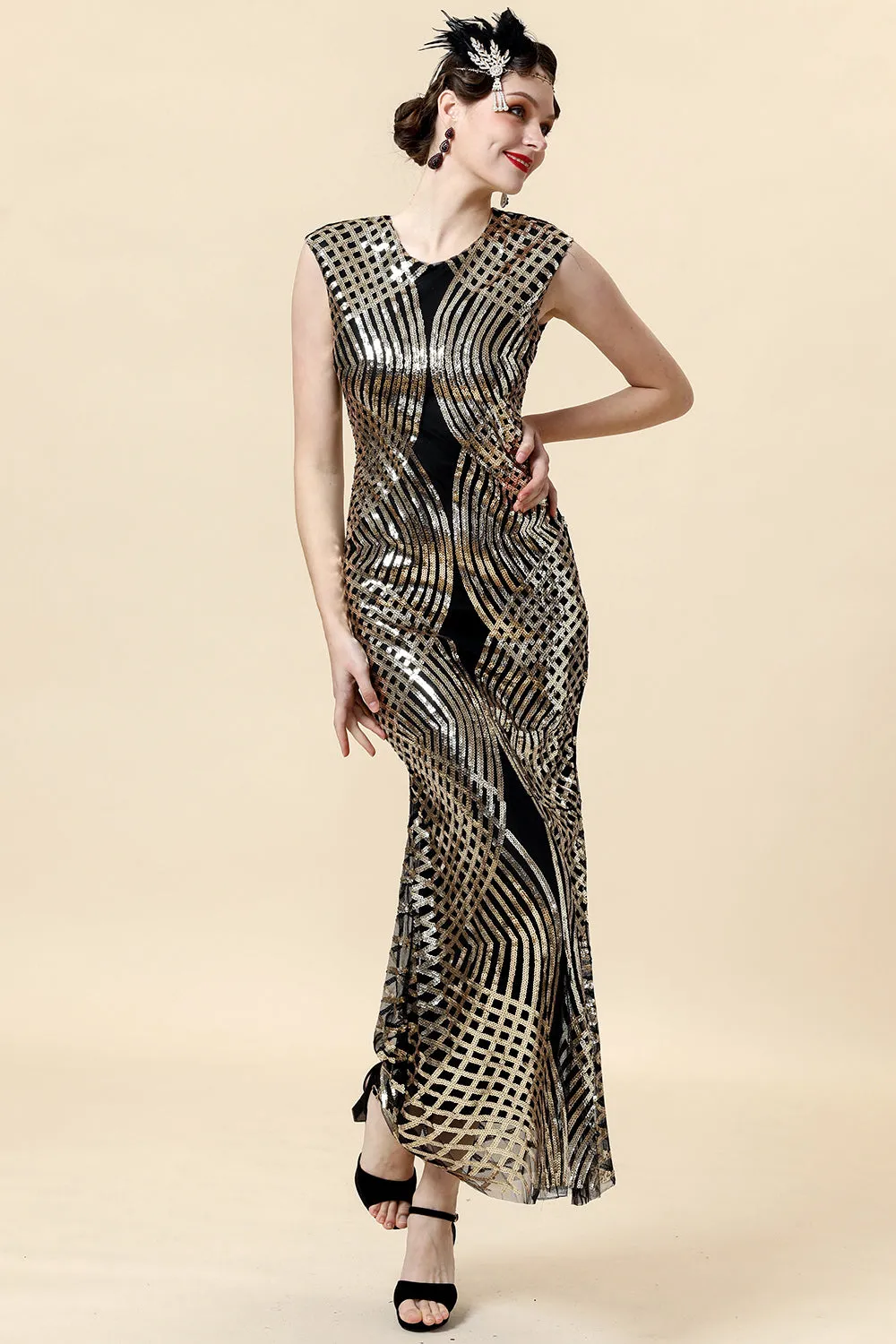 Golden Sequins Glitter Long Flapper Dress with 20s Accessories Set sold by Zapaka product image thumbnail 2