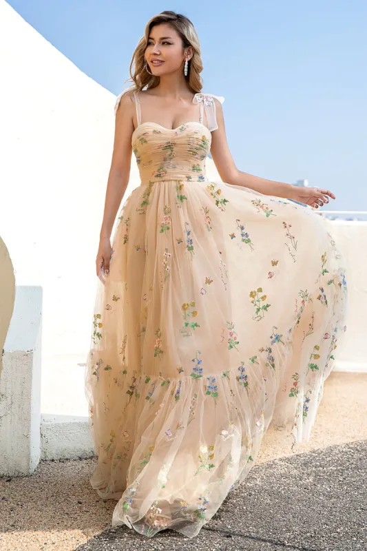 A Line Spaghetti Straps Champagne Prom Dress with Appliques sold by Zapaka