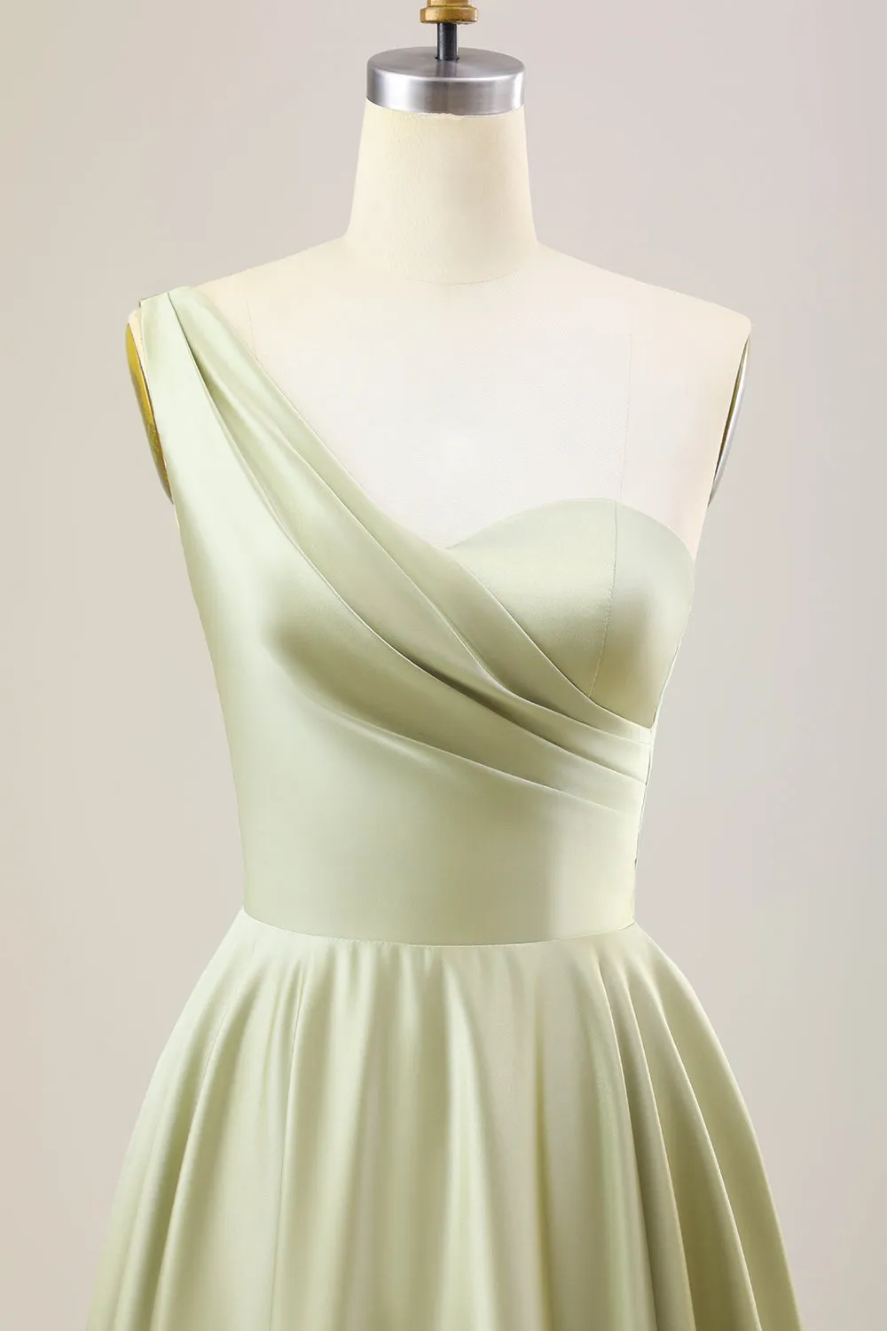 Dusty Sage A Line One Shoulder Long Satin Bridesmaid Dress sold by Zapaka product image thumbnail 4