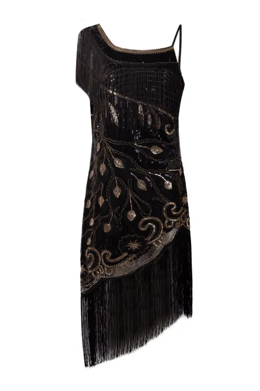 Black One Shoulder 1920s Dress with Fringes made by Zapaka
