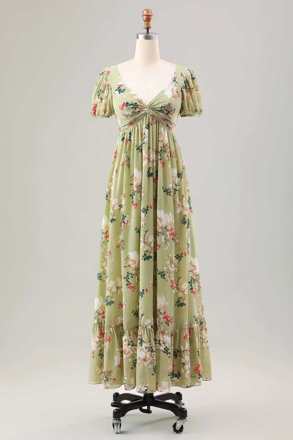 Green Flower A Line V Neck Tea Length Wedding Guest Dress with Short Sleeves sold by Zapaka