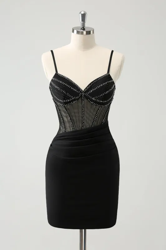 Black Bodycon Spaghetti Straps Corset Short Homecoming Dress with Beading sold by Zapaka