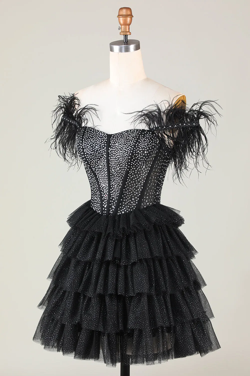 Sparkly Beaded Corset A-Line Black Short Homecoming Dress with Feathers sold by Zapaka product image thumbnail 5
