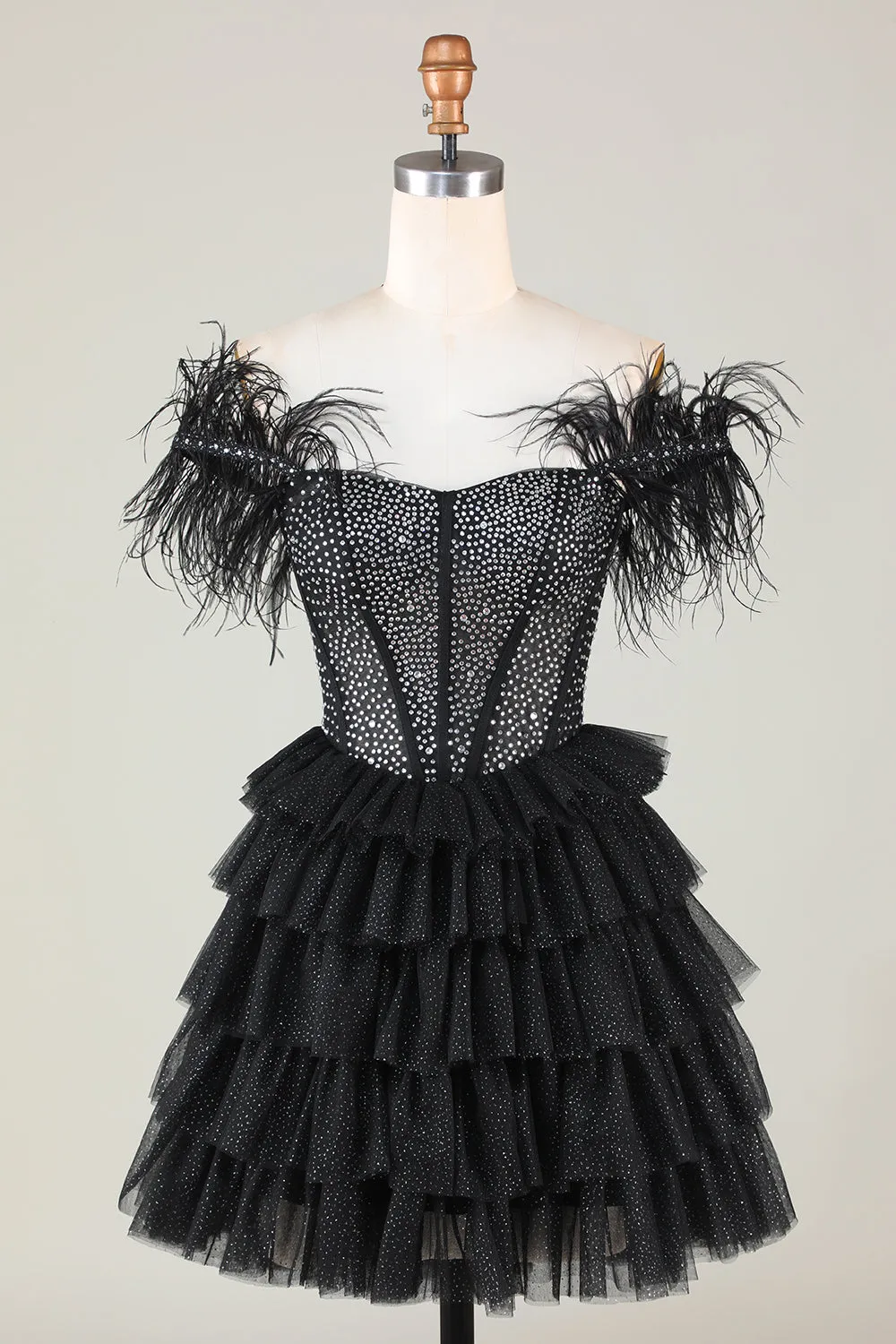 Sparkly Beaded Corset A-Line Black Short Homecoming Dress with Feathers sold by Zapaka