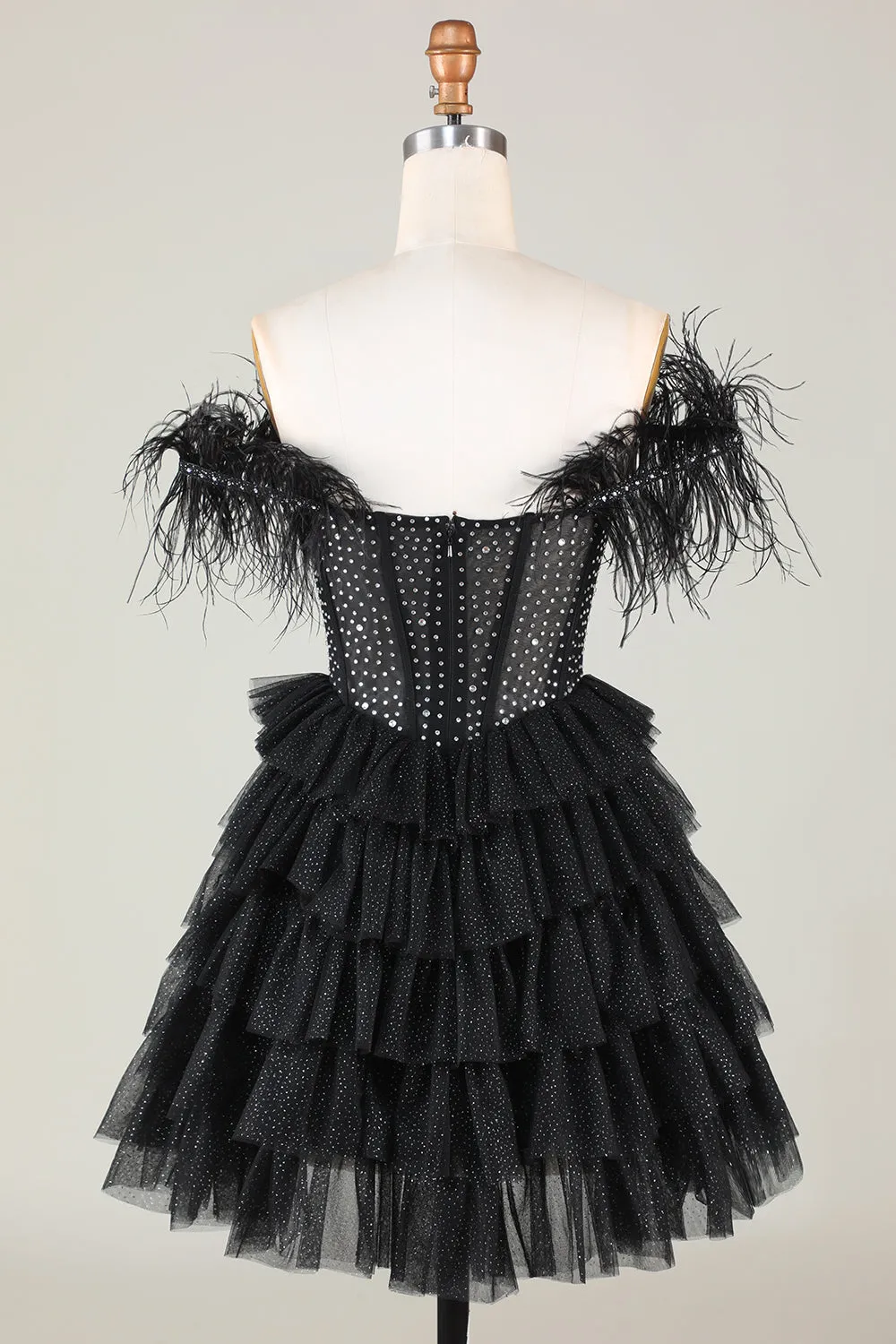 Sparkly Beaded Corset A-Line Black Short Homecoming Dress with Feathers sold by Zapaka product image thumbnail 4