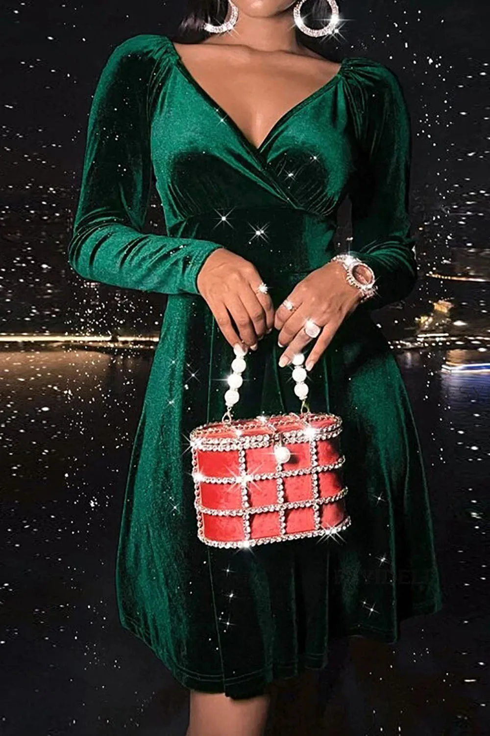 V-Neck Green Velvet Christmas Dress sold by Zapaka product image thumbnail 3