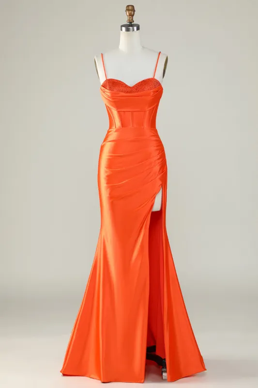 Orange Mermaid Spaghetti Straps Long Corset Prom Dress With Slit sold by Zapaka