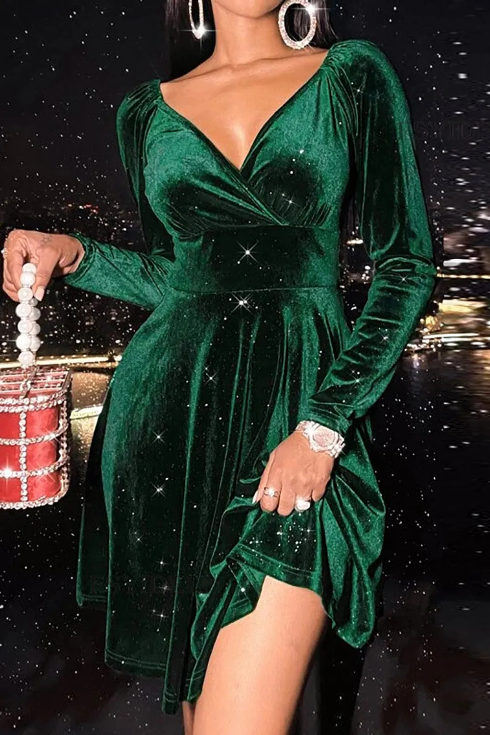 V-Neck Green Velvet Christmas Dress sold by Zapaka product image thumbnail 4