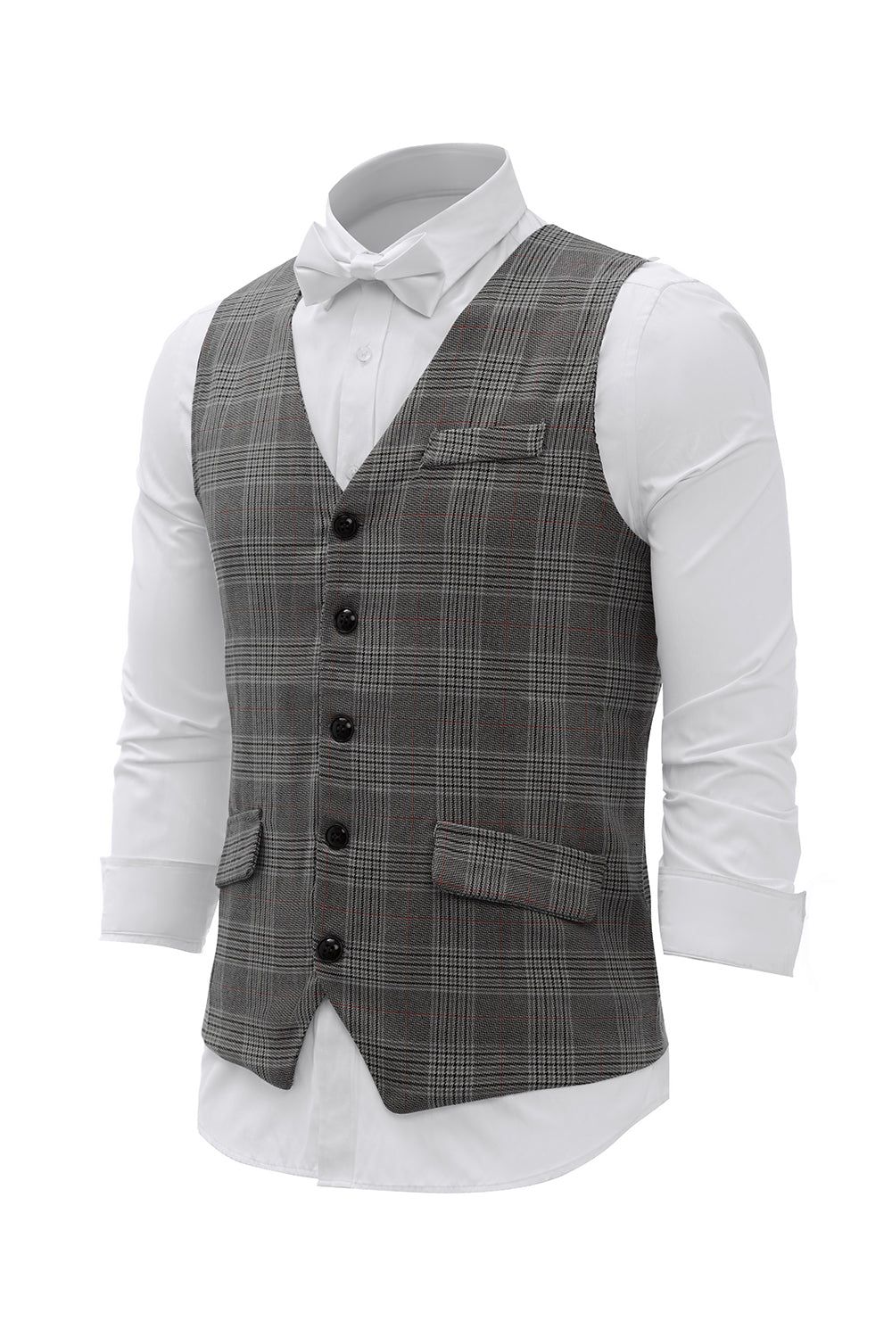 Grey Gingham Shawl Lapel Men's Vest sold by Zapaka product image thumbnail 3