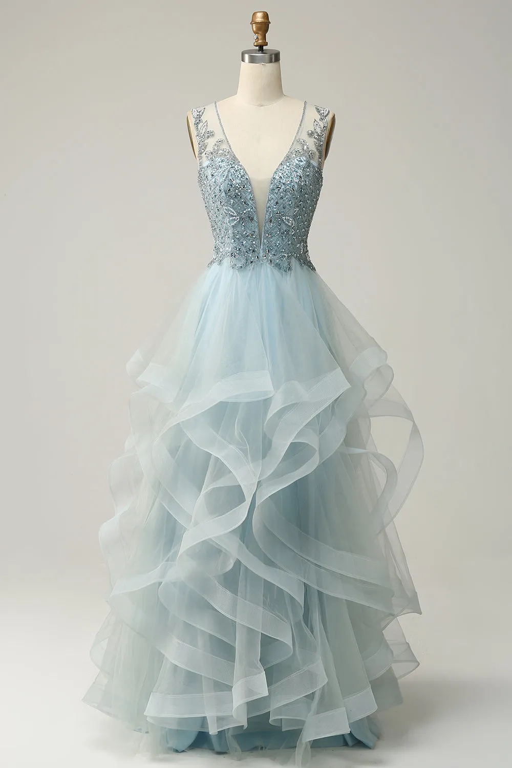 A Line Deep V Neck Light Blue Long Prom Dress with Appliques sold by Zapaka