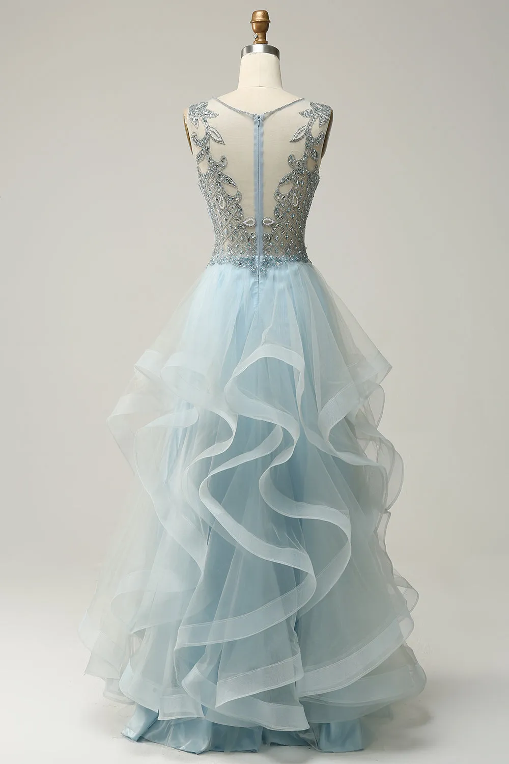 A Line Deep V Neck Light Blue Long Prom Dress with Appliques sold by Zapaka product image thumbnail 2