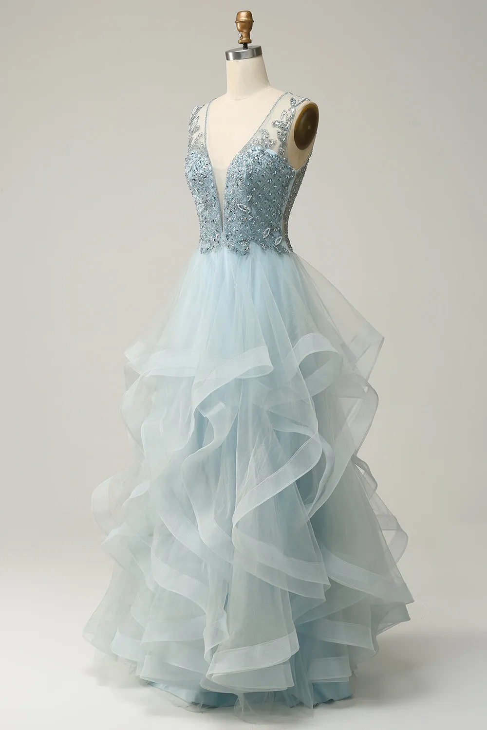 A Line Deep V Neck Light Blue Long Prom Dress with Appliques sold by Zapaka product image thumbnail 4