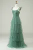 A Line Spaghetti Straps Long Tulle Eucalyptus Bridesmaid Dress sold by Zapaka