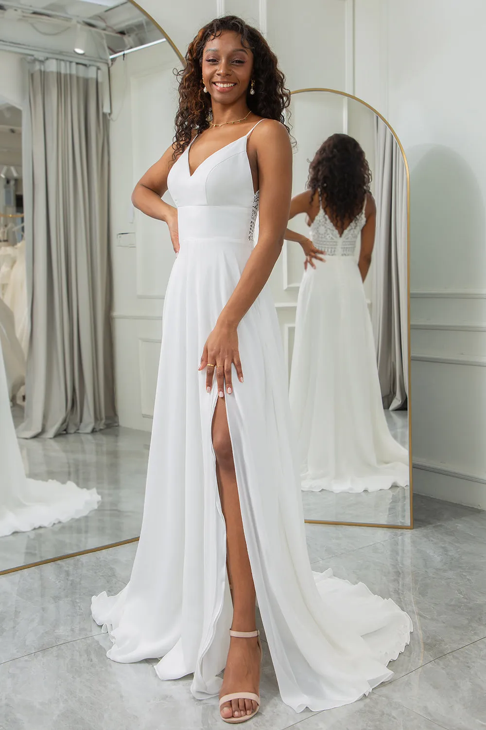 Ivory A-Line Chiffon Sweep Train Wedding Dress with Lace sold by Zapaka product image thumbnail 3