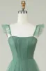 A Line Spaghetti Straps Long Tulle Eucalyptus Bridesmaid Dress sold by Zapaka