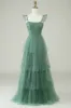 A Line Spaghetti Straps Long Tulle Eucalyptus Bridesmaid Dress sold by Zapaka