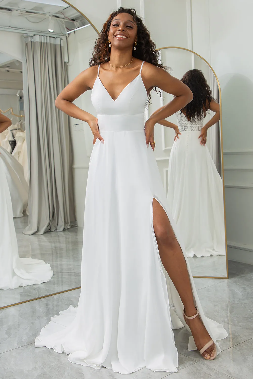 Ivory A-Line Chiffon Sweep Train Wedding Dress with Lace sold by Zapaka