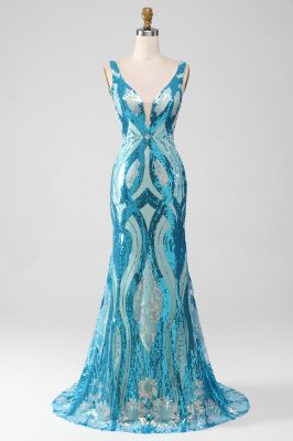 Glitter Blue V-neck Mermaid Prom Dress with Sequins sold by Zapaka