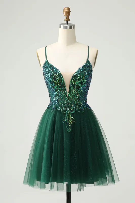 Glitter Dark Green A-Line Sequined Appliques V Neck Homecoming Dress sold by Zapaka