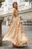 Yellow Small Flower A Line V Neck Pleated Ruffles Wedding Guest Dress sold by Zapaka