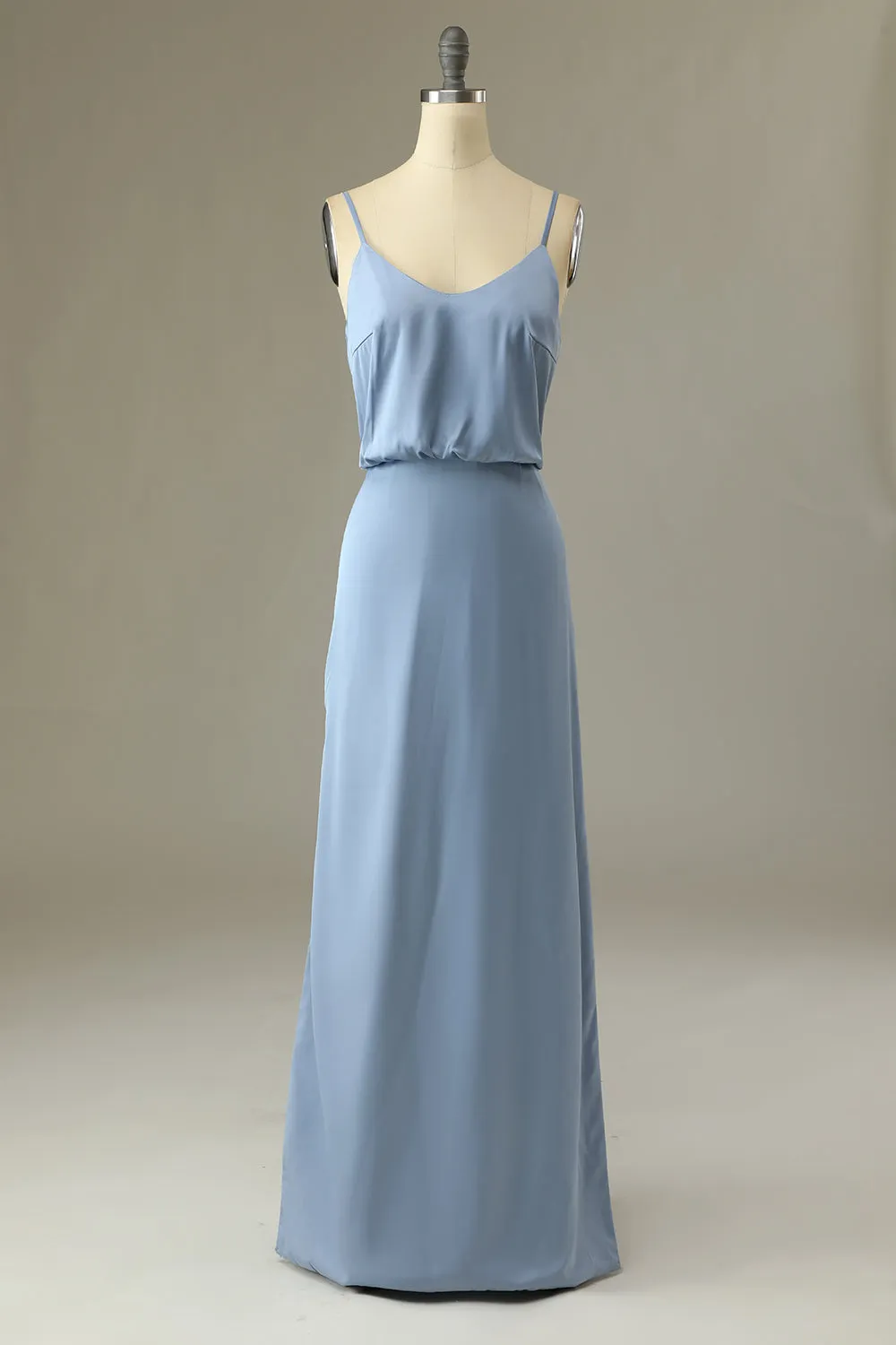 Spaghetti Straps Grey Blue Long Bridesmaid Dress sold by Zapaka