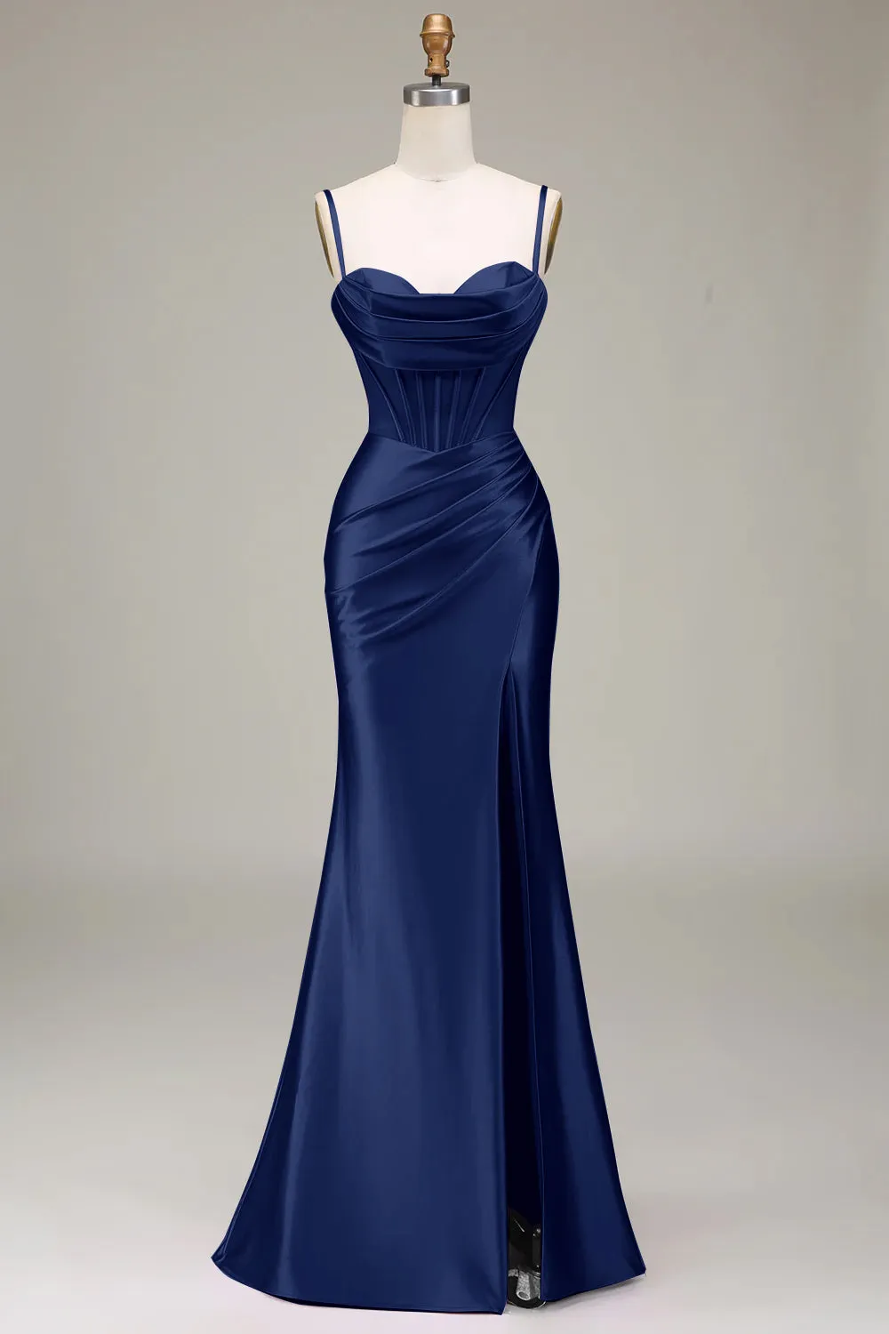 Navy Mermaid Spaghetti Straps Corset Prom Dress with Split Front sold by Zapaka