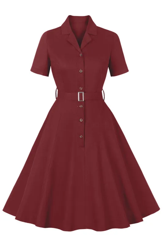 Simple Burgundy Lapel Neck Vintage 1950s Dress sold by Zapaka