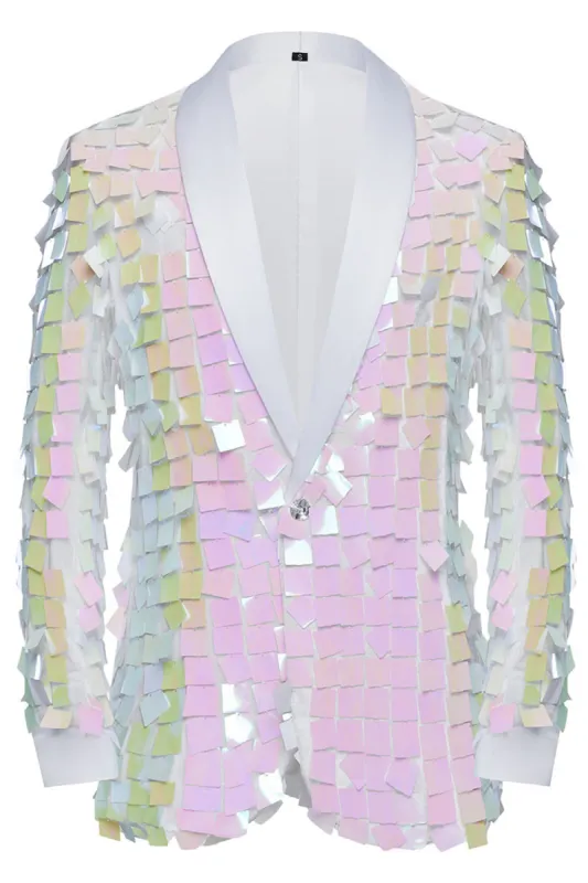 Sparkly White Shawl Lapel Sequins Men's Blazer sold by Zapaka