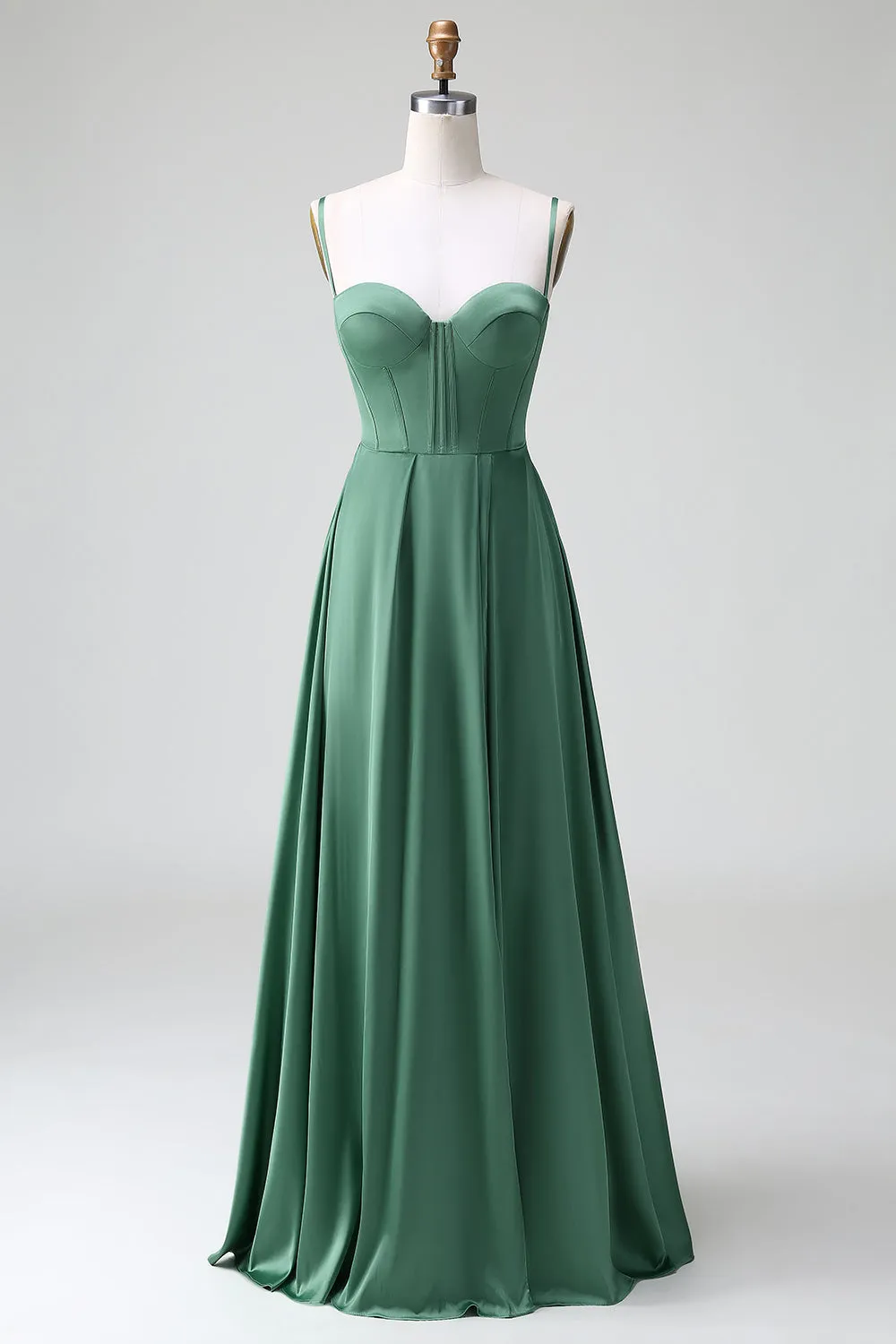 Eucalyptus A Line Spaghetti Straps Corset Pleated Satin Bridesmaid Dress sold by Zapaka