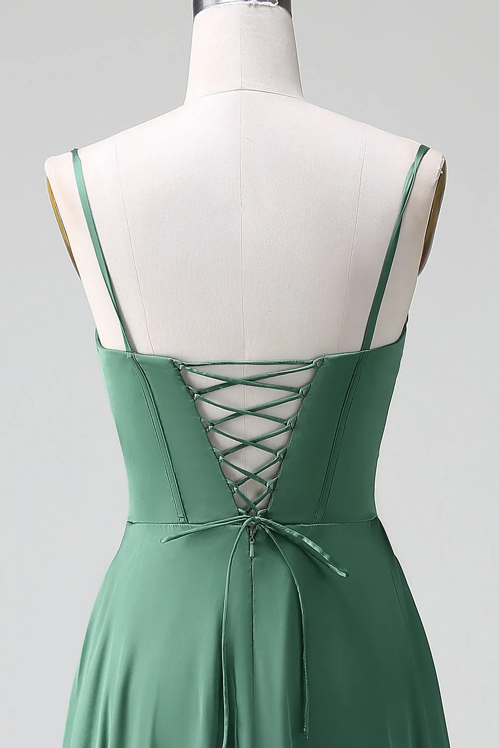 Eucalyptus A Line Spaghetti Straps Corset Pleated Satin Bridesmaid Dress sold by Zapaka product image thumbnail 5