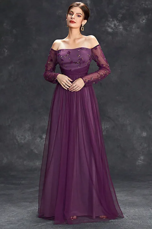 Dark Purple Tulle Off The Shoulder Formal Dress with Sleeves sold by Zapaka