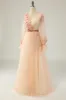 Elegant A Line V Neck Apricot Long Prom Dress with Appliques sold by Zapaka